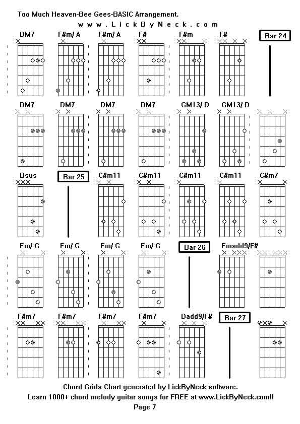 Chord Grids Chart of chord melody fingerstyle guitar song-Too Much Heaven-Bee Gees-BASIC Arrangement,generated by LickByNeck software.